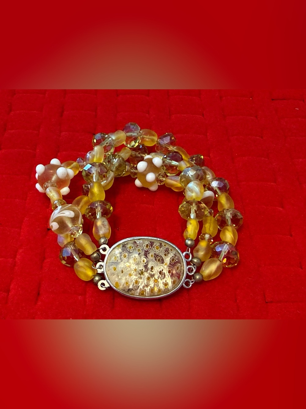 Vintage Yellow Beaded Multi-Strand Bracelet with Decorative Oval Accent